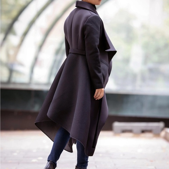 Black Asymmetric Neoprene Coat - Handmade Belted Wrap - Picture 2 of 4
